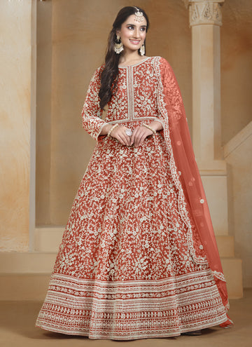 Vegaa Fashion Orange Net Embroidered Anarkali Suit - Distacart