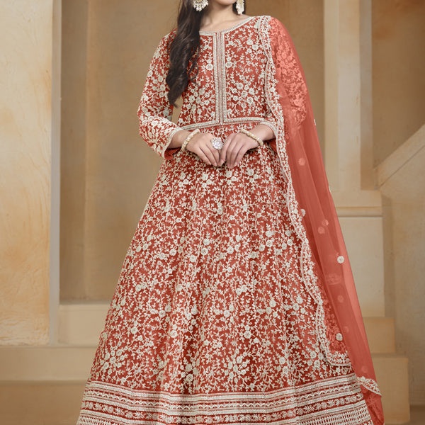 Vegaa Fashion Orange Net Embroidered Anarkali Suit - Distacart