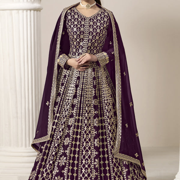 Vegaa Fashion Wine Faux Georgette Embroidered Anarkali Suit - Distacart