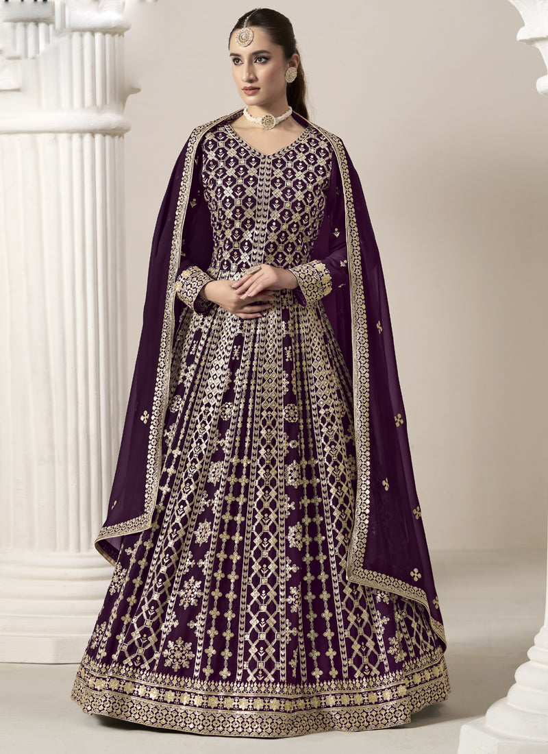 Vegaa Fashion Wine Faux Georgette Embroidered Anarkali Suit - Distacart