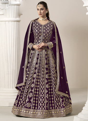 Vegaa Fashion Wine Faux Georgette Embroidered Anarkali Suit - Distacart
