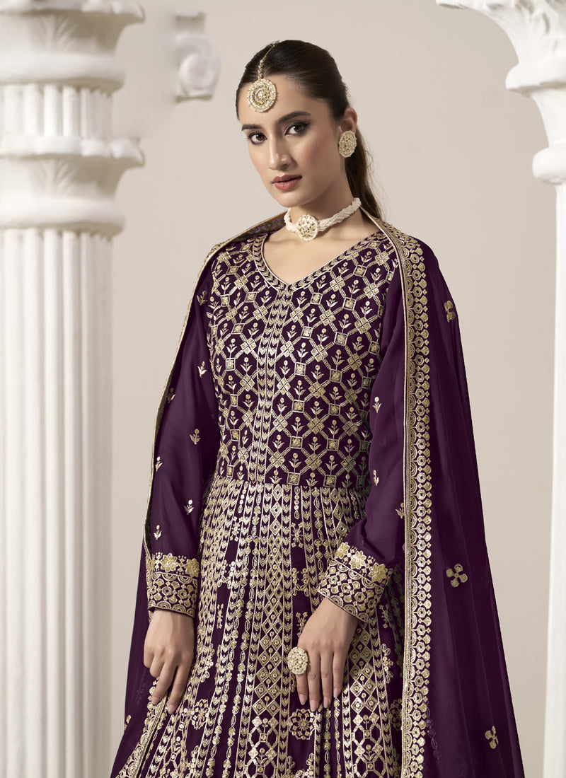 Vegaa Fashion Wine Faux Georgette Embroidered Anarkali Suit