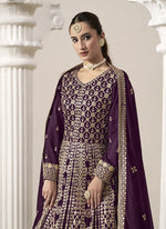 Thumbnail for Vegaa Fashion Wine Faux Georgette Embroidered Anarkali Suit