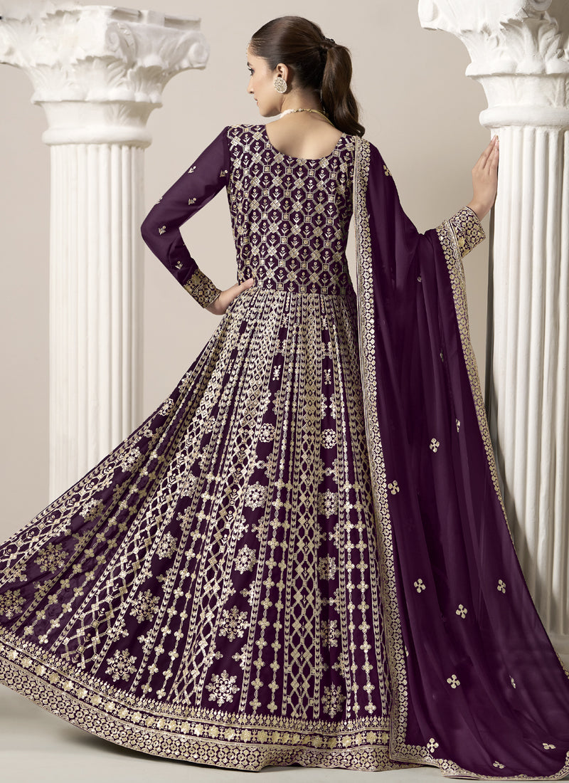 Vegaa Fashion Wine Faux Georgette Embroidered Anarkali Suit