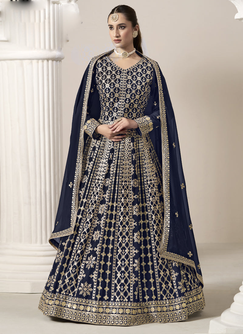 Vegaa Fashion Navy Blue Faux Georgette Embroidered Anarkali Suit - Distacart