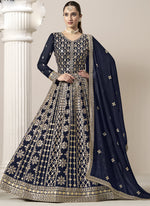 Thumbnail for Vegaa Fashion Navy Blue Faux Georgette Embroidered Anarkali Suit