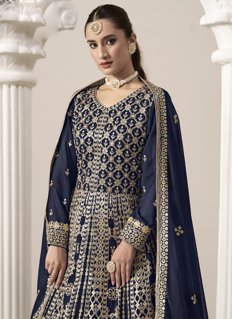 Vegaa Fashion Navy Blue Faux Georgette Embroidered Anarkali Suit