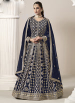 Thumbnail for Vegaa Fashion Navy Blue Faux Georgette Embroidered Anarkali Suit