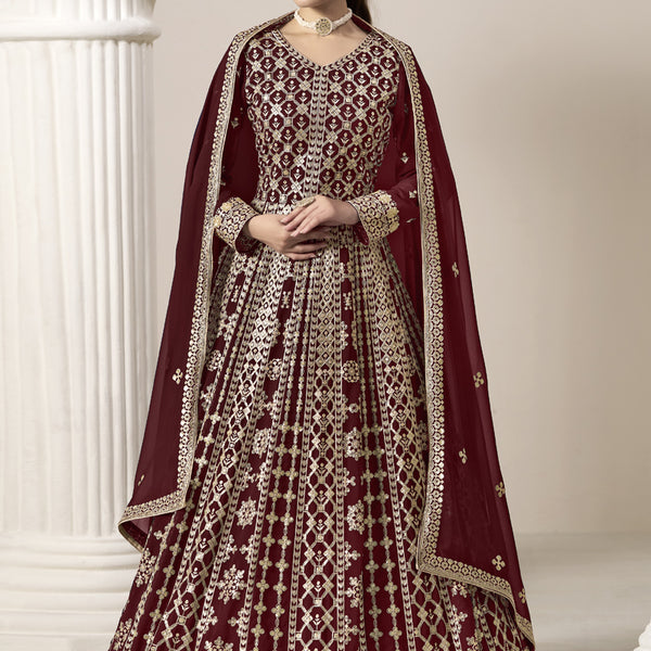 Vegaa Fashion Maroon Faux Georgette Embroidered Anarkali Suit - Distacart