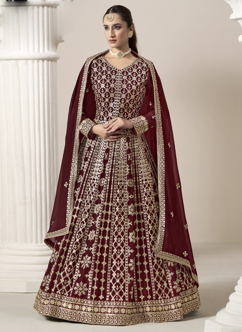 Vegaa Fashion Maroon Faux Georgette Embroidered Anarkali Suit - Distacart