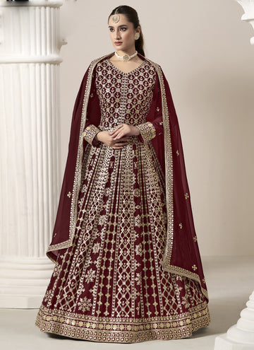 Vegaa Fashion Maroon Faux Georgette Embroidered Anarkali Suit - Distacart