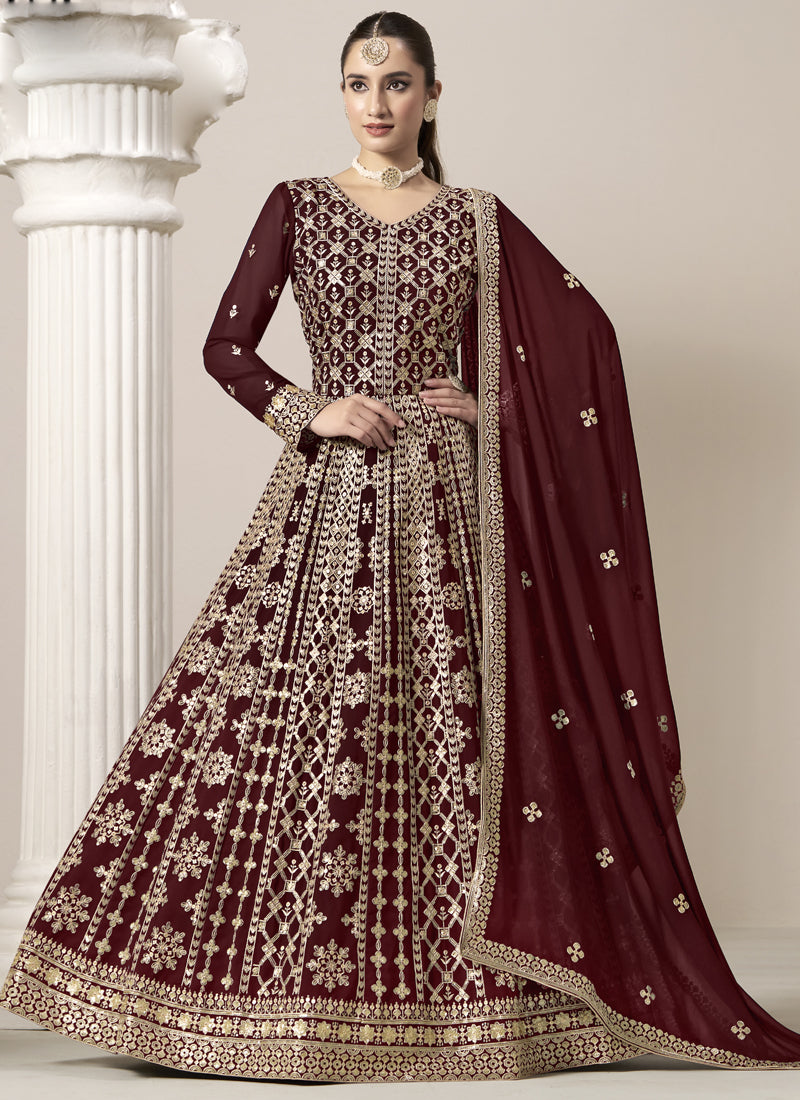 Vegaa Fashion Maroon Faux Georgette Embroidered Anarkali Suit