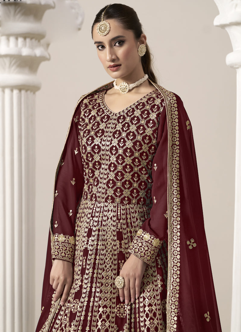 Vegaa Fashion Maroon Faux Georgette Embroidered Anarkali Suit