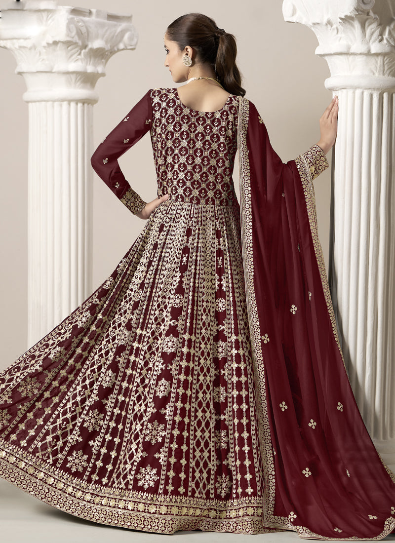 Vegaa Fashion Maroon Faux Georgette Embroidered Anarkali Suit