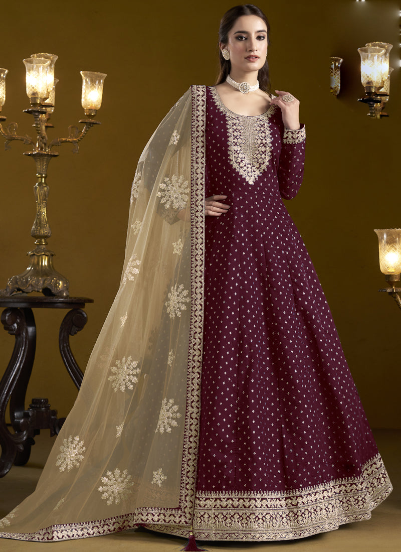 Vegaa Fashion Wine Chanderi Butti Embroidered Anarkali Suit
