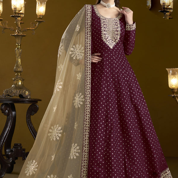 Vegaa Fashion Wine Chanderi Butti Embroidered Anarkali Suit - Distacart