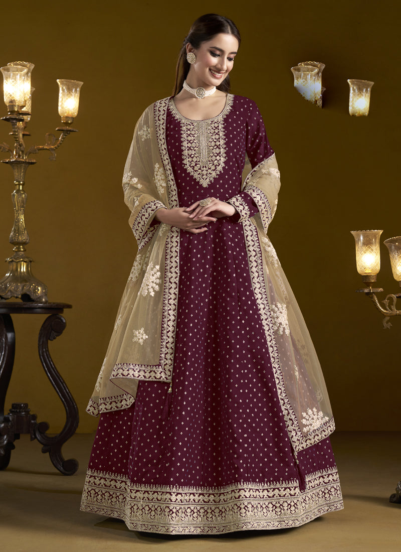 Vegaa Fashion Wine Chanderi Butti Embroidered Anarkali Suit