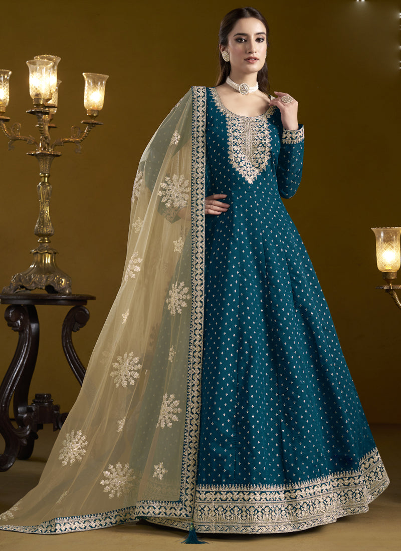 Vegaa Fashion Royal Blue Chanderi Butti Embroidered Anarkali Suit