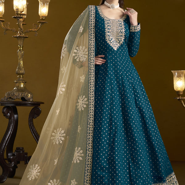 Vegaa Fashion Royal Blue Chanderi Butti Embroidered Anarkali Suit - Distacart