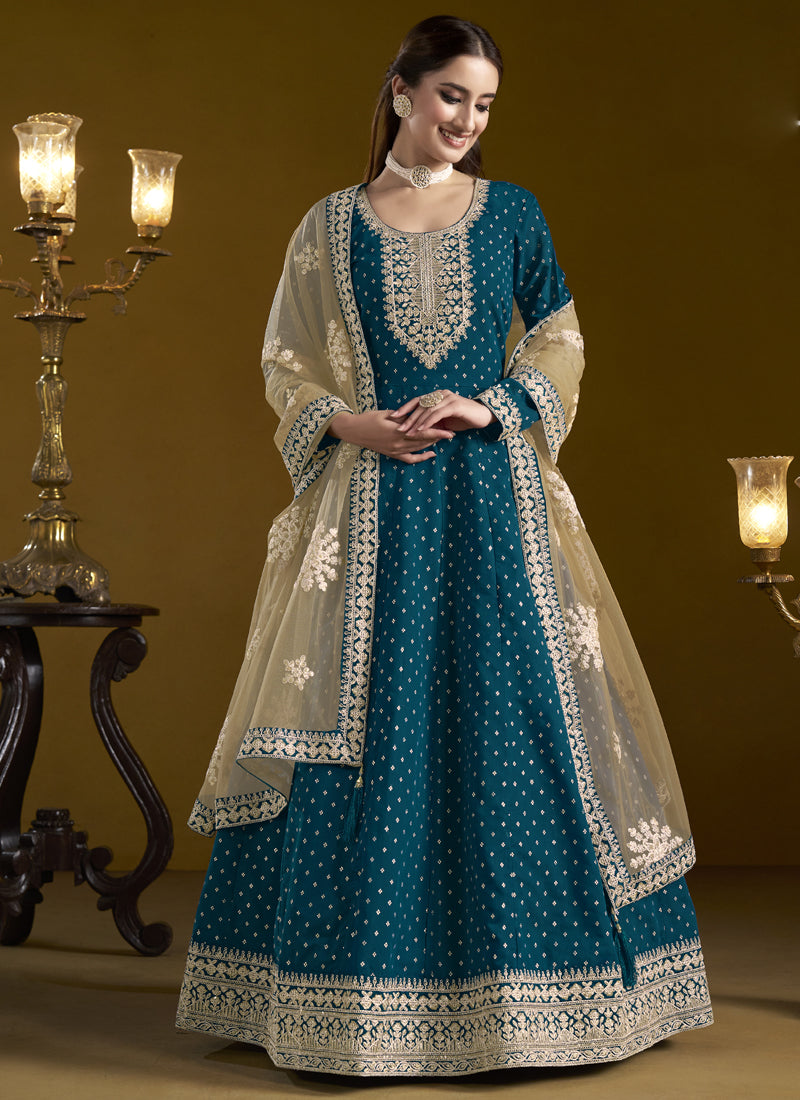 Vegaa Fashion Royal Blue Chanderi Butti Embroidered Anarkali Suit