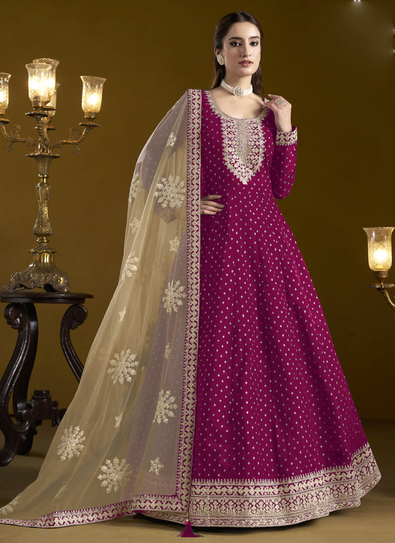 Vegaa Fashion Rani Pink Chanderi Butti Embroidered Anarkali Suit