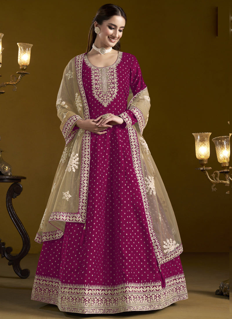 Vegaa Fashion Rani Pink Chanderi Butti Embroidered Anarkali Suit