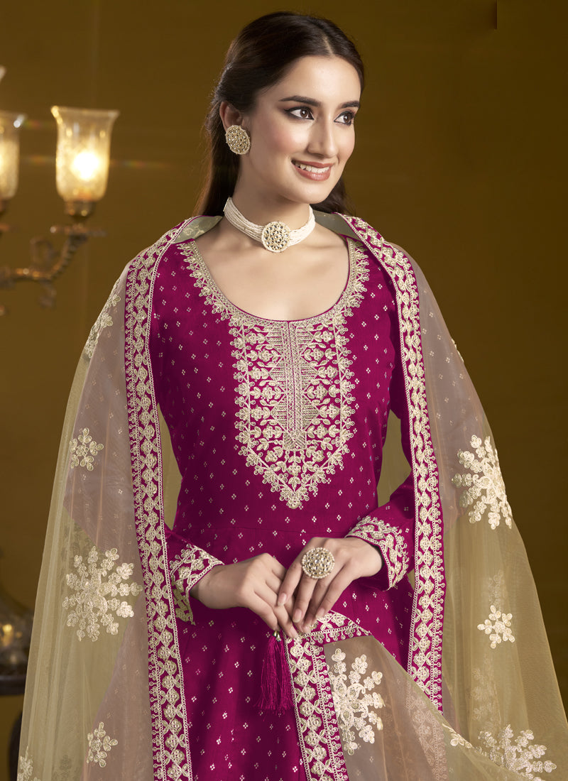 Vegaa Fashion Rani Pink Chanderi Butti Embroidered Anarkali Suit