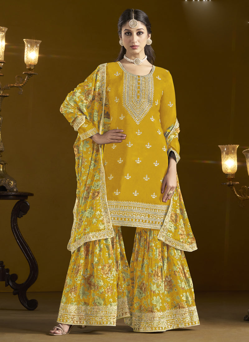 Vegaa Fashion Yellow Chinon Silk Embroidered Palazzo Suit - Distacart