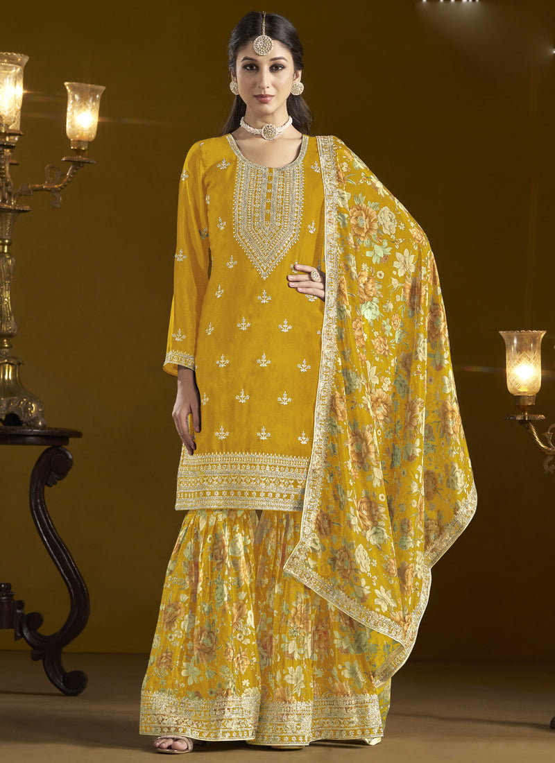 Vegaa Fashion Yellow Chinon Silk Embroidered Palazzo Suit - Distacart