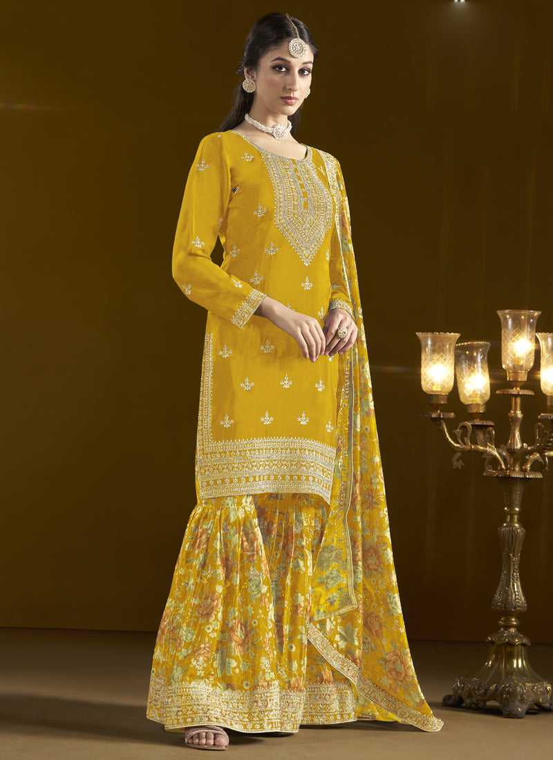 Vegaa Fashion Yellow Chinon Silk Embroidered Palazzo Suit
