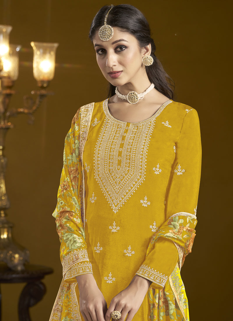 Vegaa Fashion Yellow Chinon Silk Embroidered Palazzo Suit
