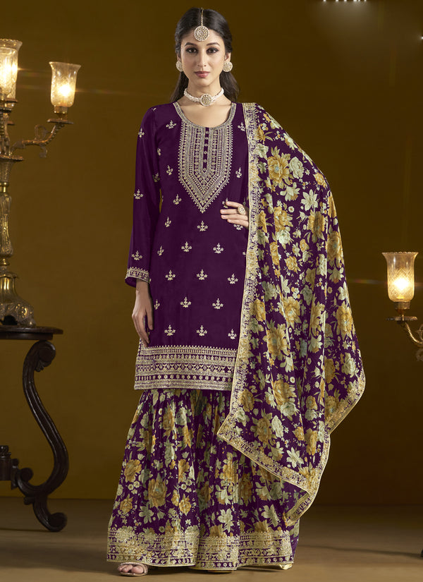 Vegaa Fashion Wine Chinon Silk Embroidered Palazzo Suit