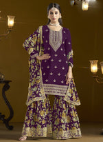 Thumbnail for Vegaa Fashion Wine Chinon Silk Embroidered Palazzo Suit