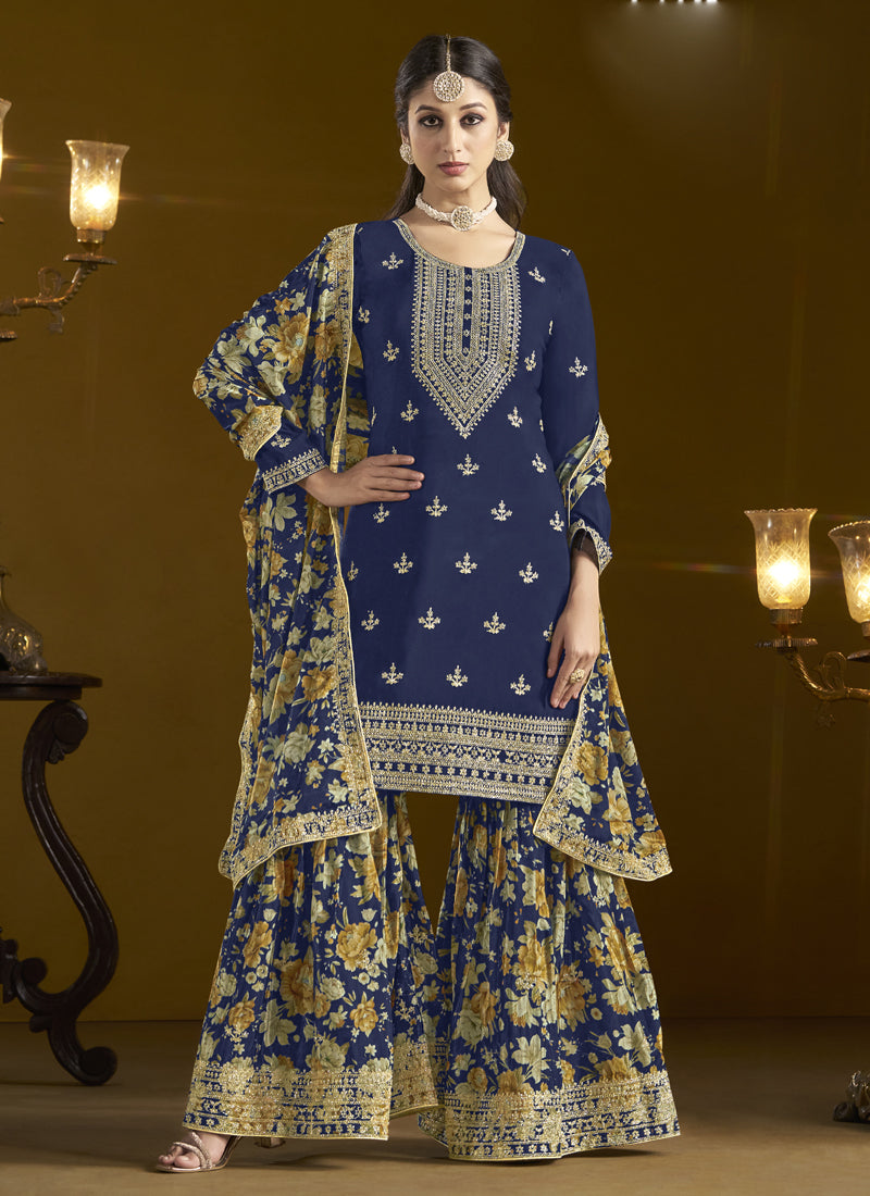 Vegaa Fashion Navy Blue Chinon Silk Embroidered Palazzo Suit