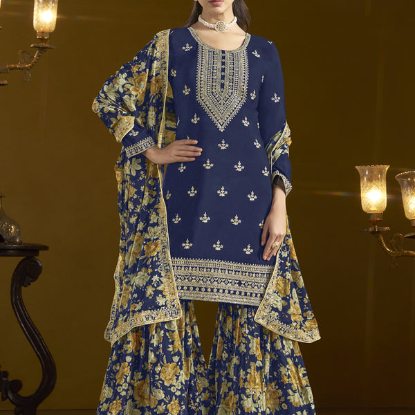 Vegaa Fashion Navy Blue Chinon Silk Embroidered Palazzo Suit - Distacart