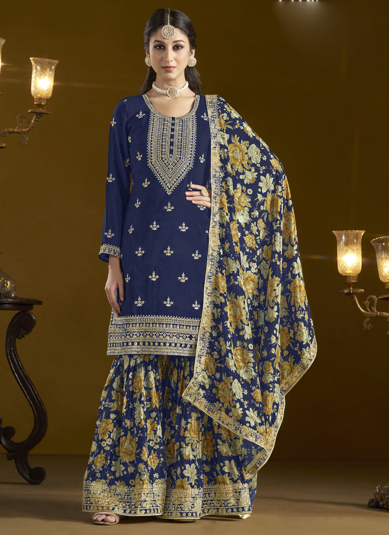Vegaa Fashion Navy Blue Chinon Silk Embroidered Palazzo Suit