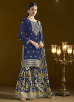 Thumbnail for Vegaa Fashion Navy Blue Chinon Silk Embroidered Palazzo Suit