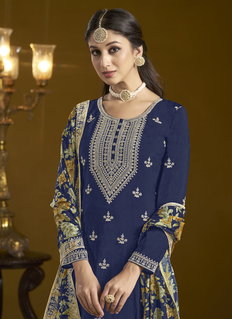 Vegaa Fashion Navy Blue Chinon Silk Embroidered Palazzo Suit