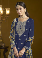 Thumbnail for Vegaa Fashion Navy Blue Chinon Silk Embroidered Palazzo Suit