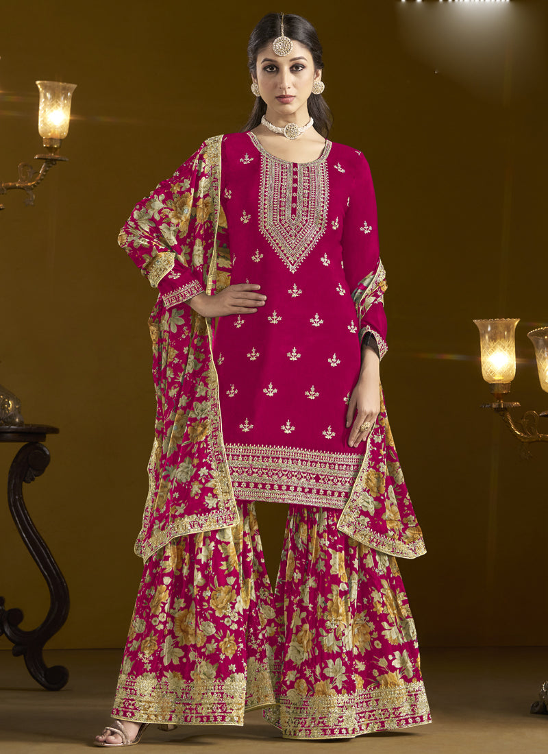 Vegaa Fashion Rani Pink Chinon Silk Embroidered Palazzo Suit - Distacart