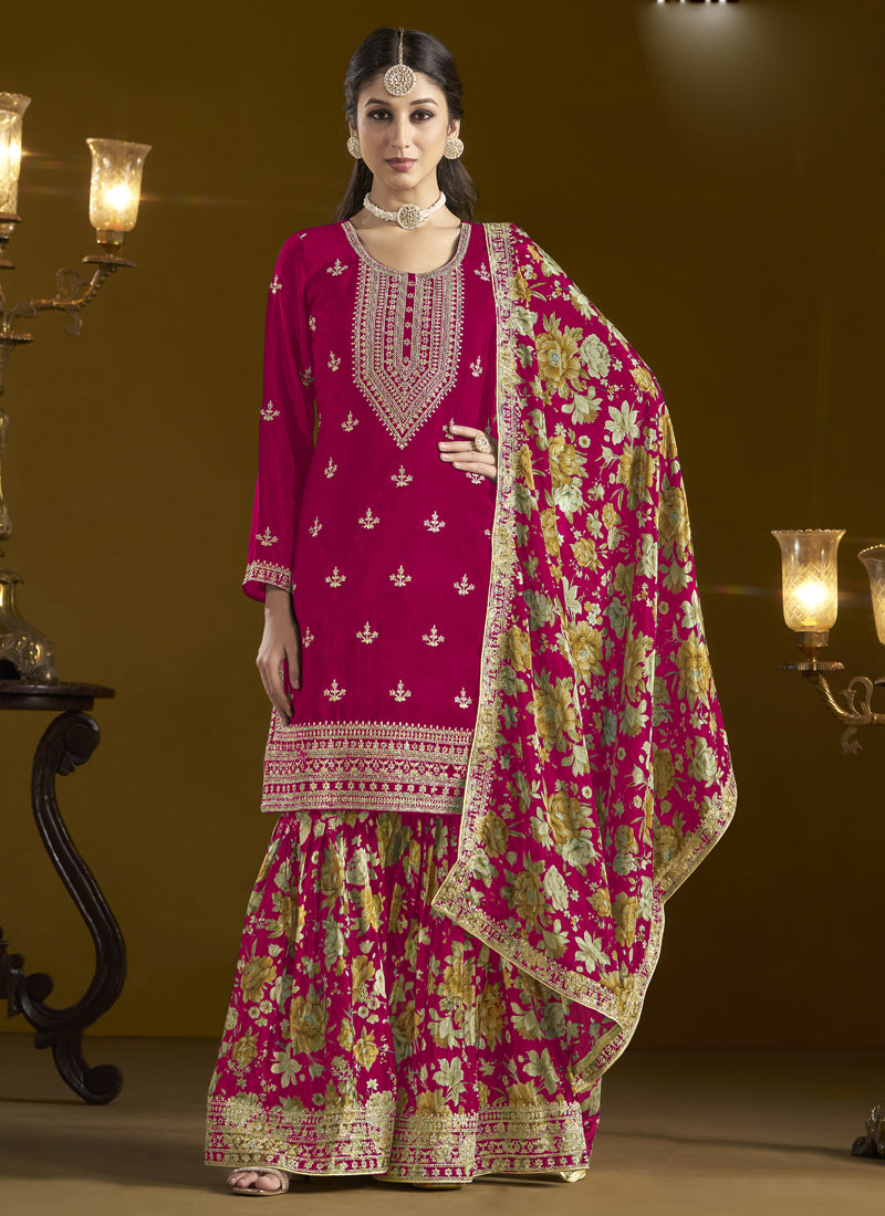 Vegaa Fashion Rani Pink Chinon Silk Embroidered Palazzo Suit - Distacart