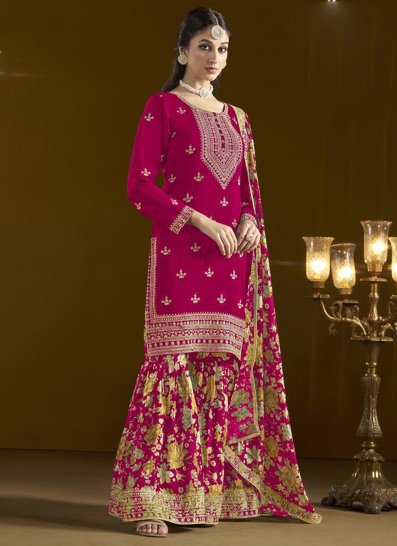 Vegaa Fashion Rani Pink Chinon Silk Embroidered Palazzo Suit