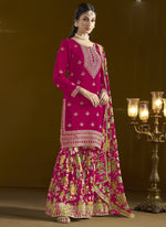 Thumbnail for Vegaa Fashion Rani Pink Chinon Silk Embroidered Palazzo Suit