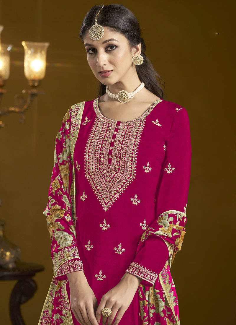 Vegaa Fashion Rani Pink Chinon Silk Embroidered Palazzo Suit