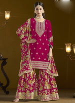 Thumbnail for Vegaa Fashion Rani Pink Chinon Silk Embroidered Palazzo Suit
