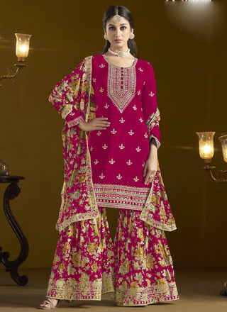 Vegaa Fashion Rani Pink Chinon Silk Embroidered Palazzo Suit
