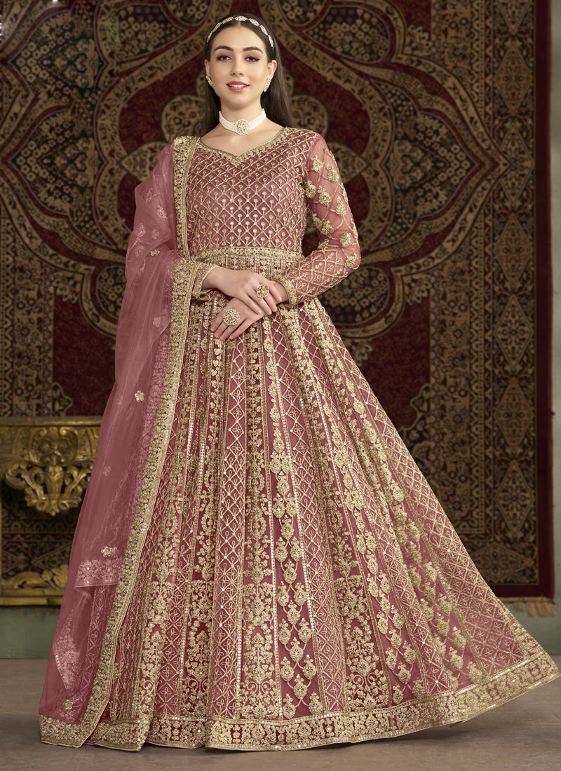 Vegaa Fashion Light Pink Net Embroidered Anarkali Suit - Distacart