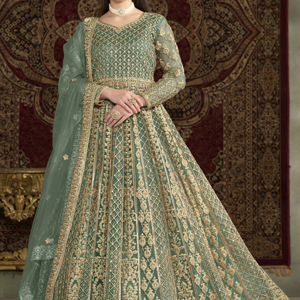 Vegaa Fashion Sea Green Net Embroidered Anarkali Suit - Distacart