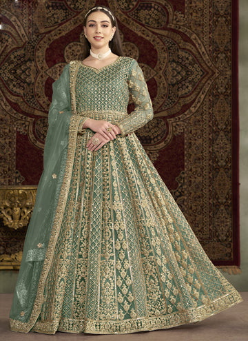 Vegaa Fashion Sea Green Net Embroidered Anarkali Suit - Distacart