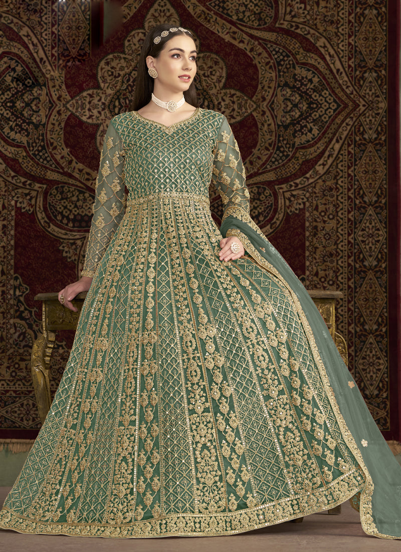 Vegaa Fashion Sea Green Net Embroidered Anarkali Suit
